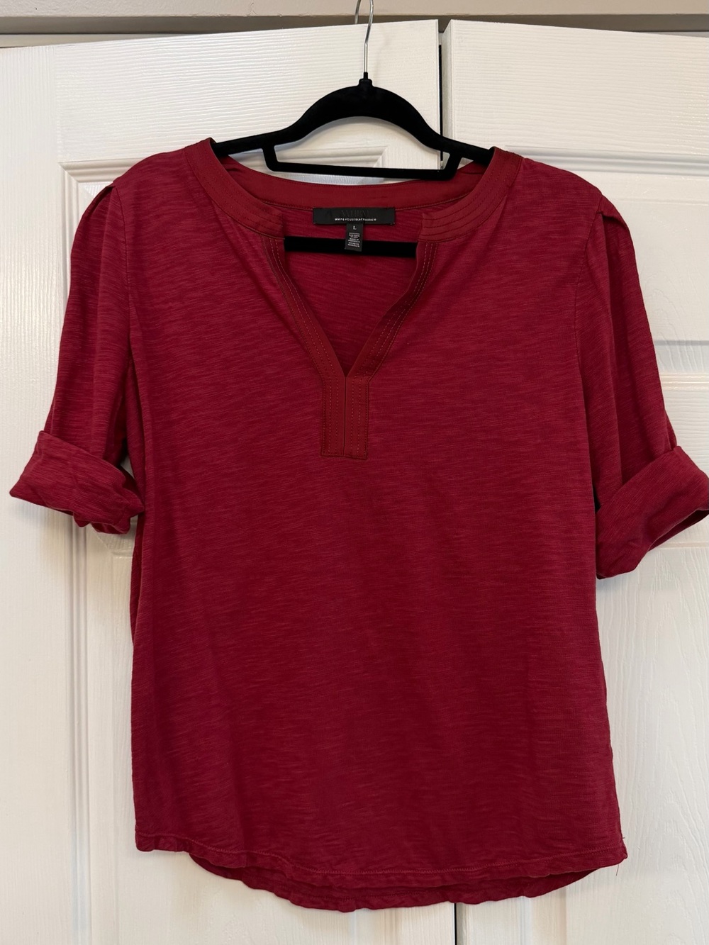 White House Black Market Red Notch V Long-Sleeve Tee